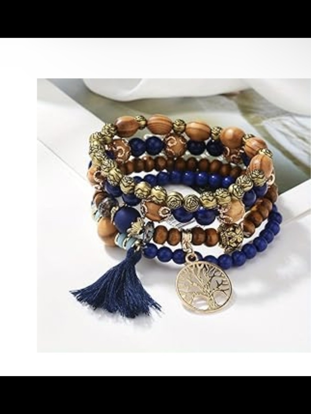 Boho Multi-Strand Blue and Wood Beaded Bracelet Set with Tree of Life Charm